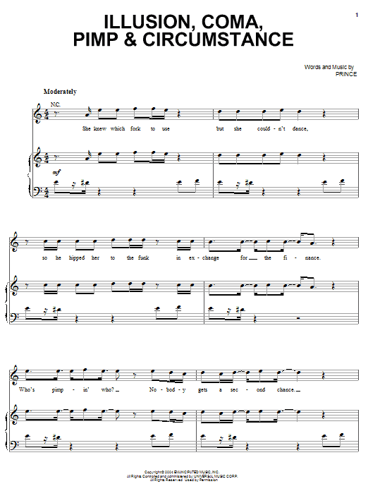 Prince Illusion, Coma, Pimp & Circumstance Sheet Music Notes & Chords for Piano, Vocal & Guitar (Right-Hand Melody) - Download or Print PDF Prince Illusion, Coma, Pimp & Circumstance Sheet Music Notes & Chords for Piano, Vocal & Guitar (Right-Hand Melody) - Download or Print PDF
