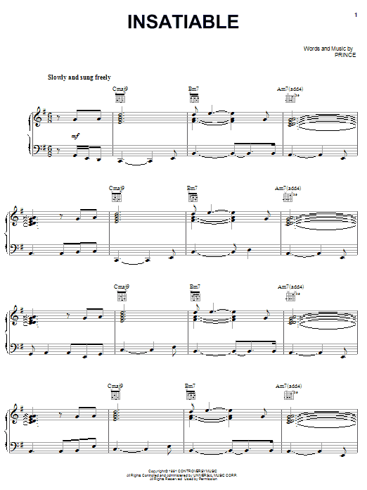 Prince Insatiable Sheet Music Notes & Chords for Piano, Vocal & Guitar (Right-Hand Melody) - Download or Print PDF