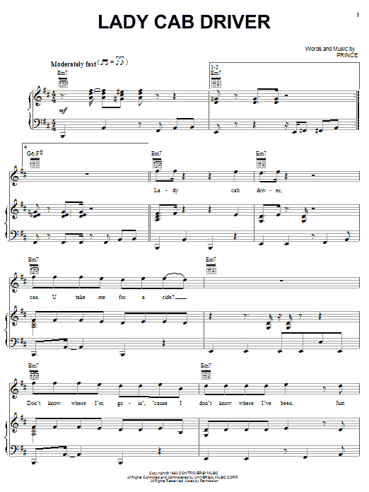 Prince Lady Cab Driver Sheet Music Notes & Chords for Piano, Vocal & Guitar (Right-Hand Melody) - Download or Print PDF