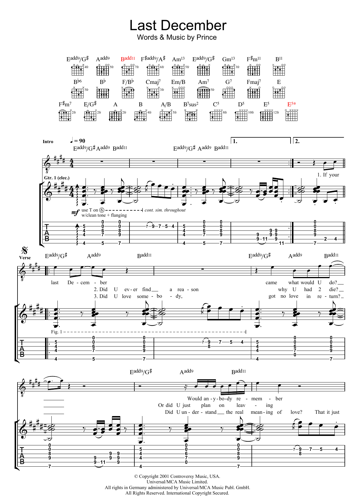 Prince Last December Sheet Music Notes & Chords for Guitar Tab - Download or Print PDF