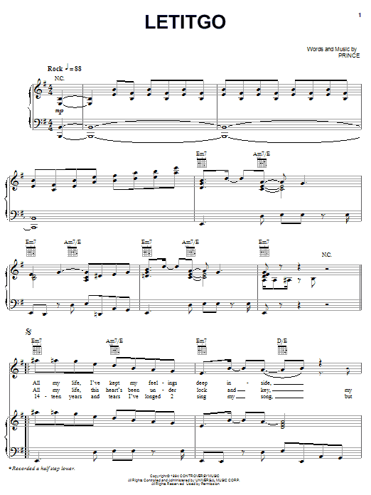 Prince Letitgo Sheet Music Notes & Chords for Piano, Vocal & Guitar (Right-Hand Melody) - Download or Print PDF
