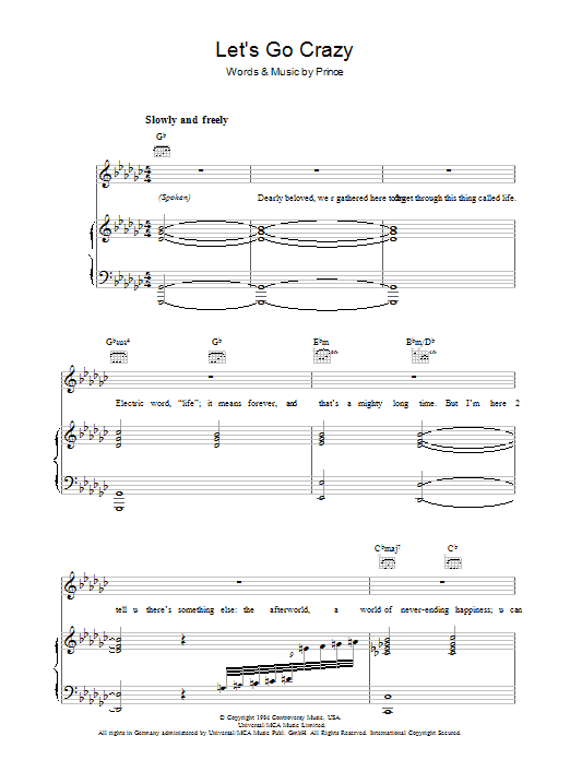 Prince Let's Go Crazy Sheet Music Notes & Chords for Piano, Vocal & Guitar (Right-Hand Melody) - Download or Print PDF