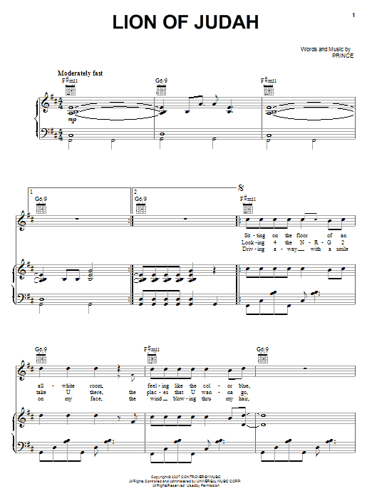 Prince Lion Of Judah Sheet Music Notes & Chords for Piano, Vocal & Guitar (Right-Hand Melody) - Download or Print PDF