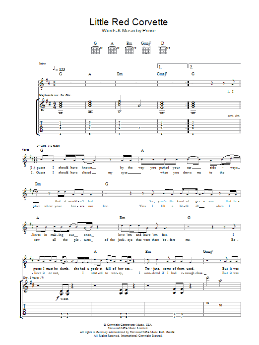 Prince Little Red Corvette Sheet Music Notes & Chords for Guitar Tab - Download or Print PDF