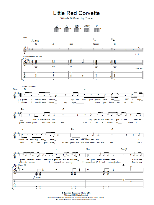 Prince Little Red Corvette sheet music notes and chords. Download Printable PDF.