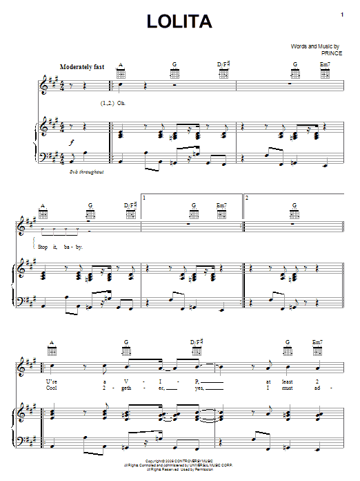 Prince Lolita Sheet Music Notes & Chords for Piano, Vocal & Guitar (Right-Hand Melody) - Download or Print PDF