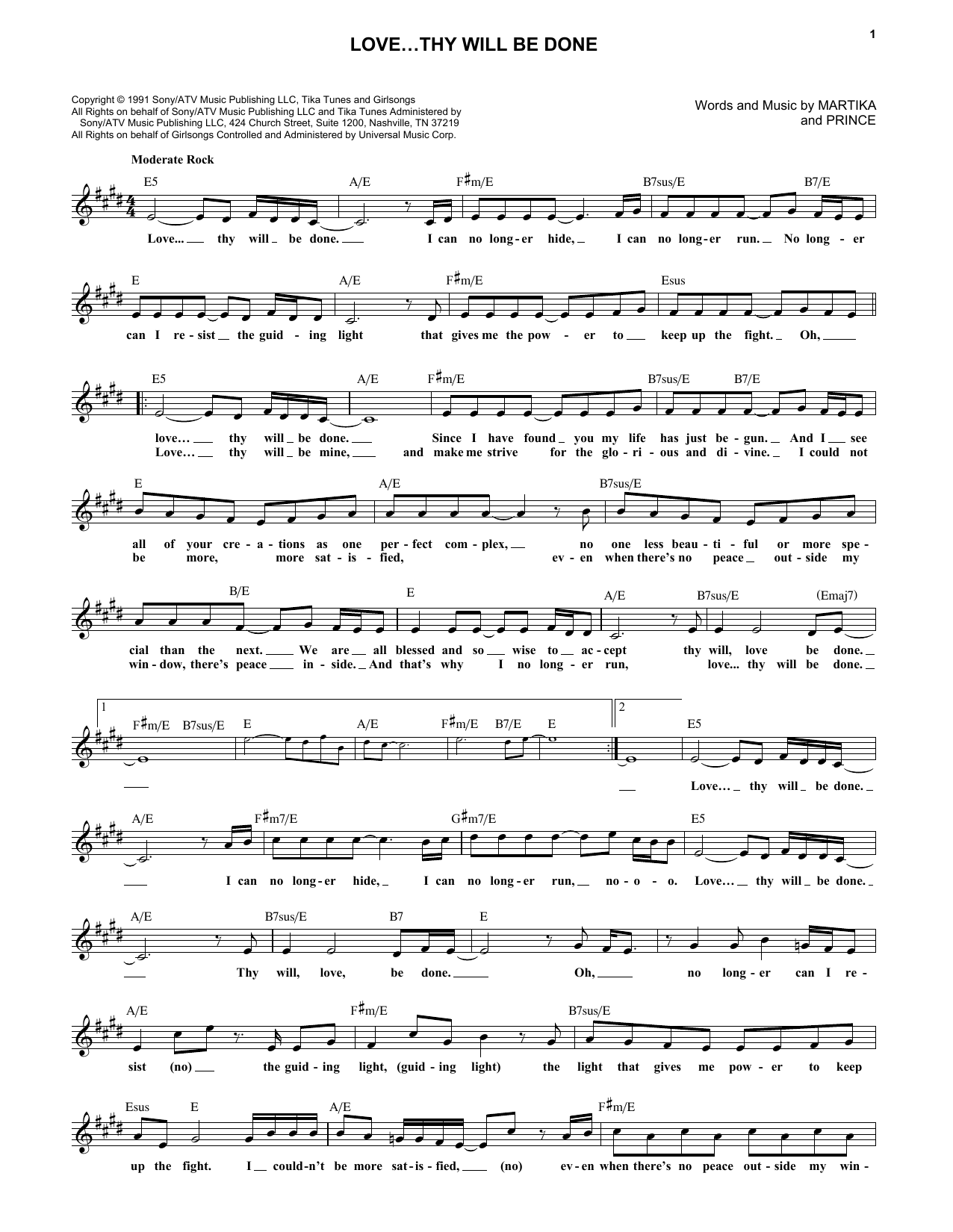 Prince Love...Thy Will Be Done Sheet Music Notes & Chords for Melody Line, Lyrics & Chords - Download or Print PDF