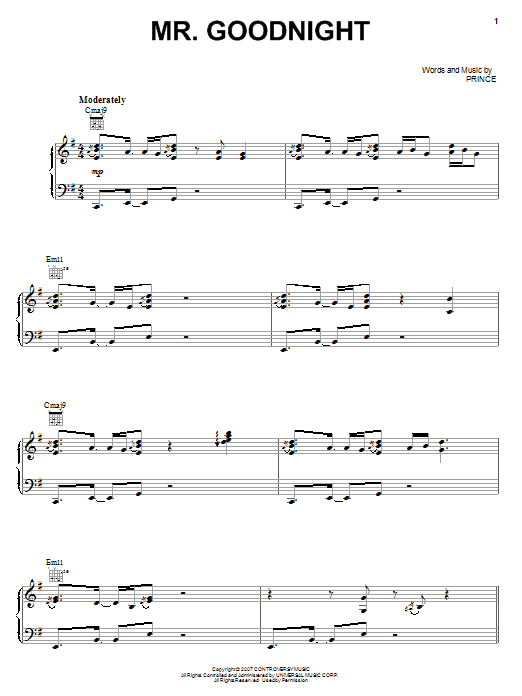 Prince Mr. Goodnight Sheet Music Notes & Chords for Piano, Vocal & Guitar (Right-Hand Melody) - Download or Print PDF
