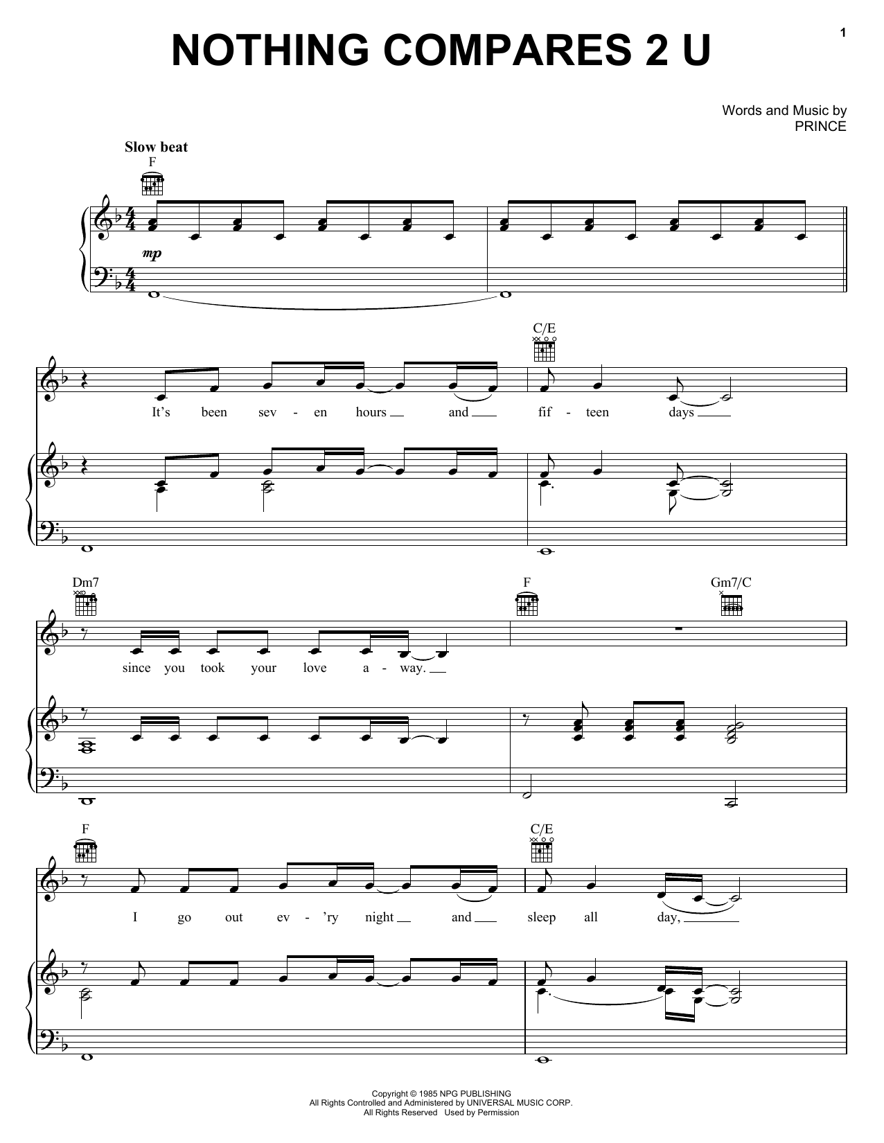 Prince Nothing Compares 2 U Sheet Music Notes & Chords for Piano, Vocal & Guitar (Right-Hand Melody) - Download or Print PDF
