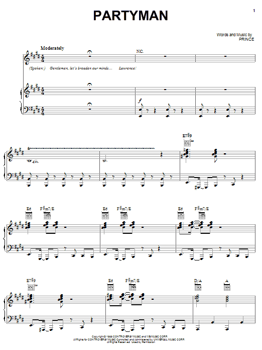 Prince Partyman Sheet Music Notes & Chords for Piano, Vocal & Guitar (Right-Hand Melody) - Download or Print PDF