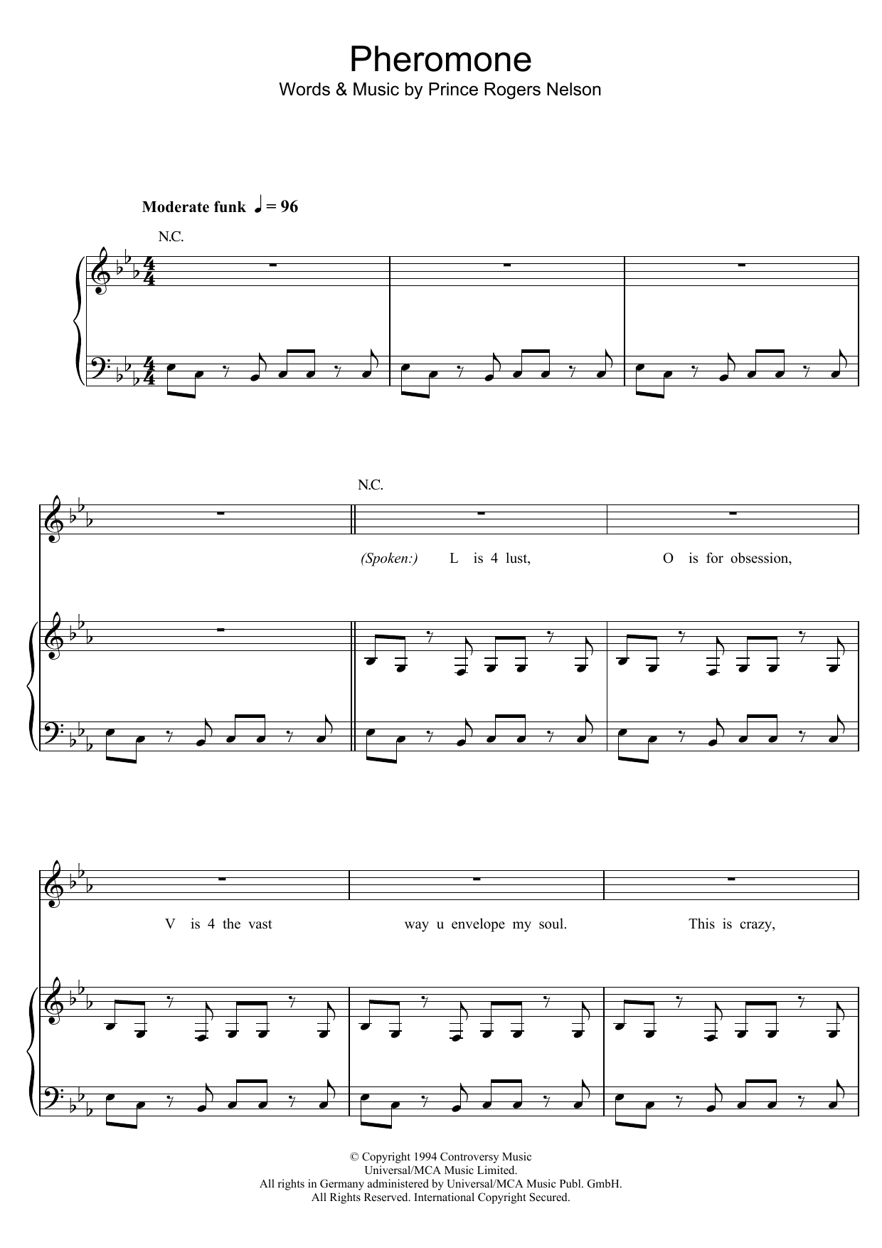 Prince Pheromone Sheet Music Notes & Chords for Piano, Vocal & Guitar (Right-Hand Melody) - Download or Print PDF