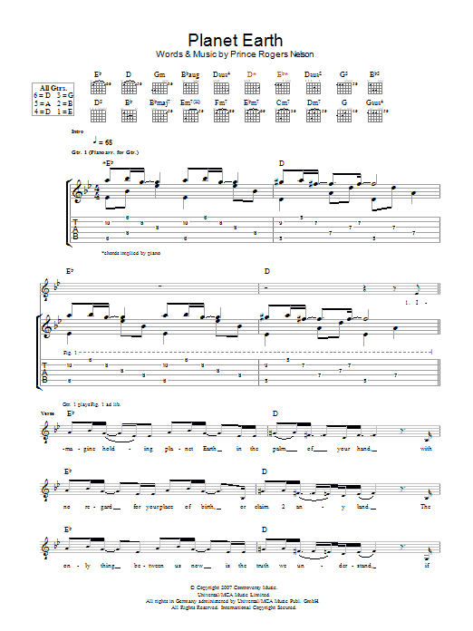 Prince Planet Earth Sheet Music Notes & Chords for Guitar Tab - Download or Print PDF