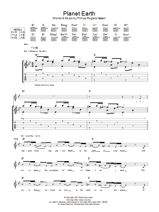 Prince Planet Earth Sheet Music Notes & Chords for Piano, Vocal & Guitar (Right-Hand Melody) - Download or Print PDF