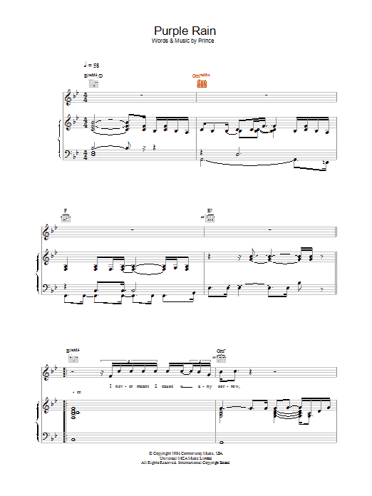 Prince Purple Rain Sheet Music Notes & Chords for Piano, Vocal & Guitar - Download or Print PDF