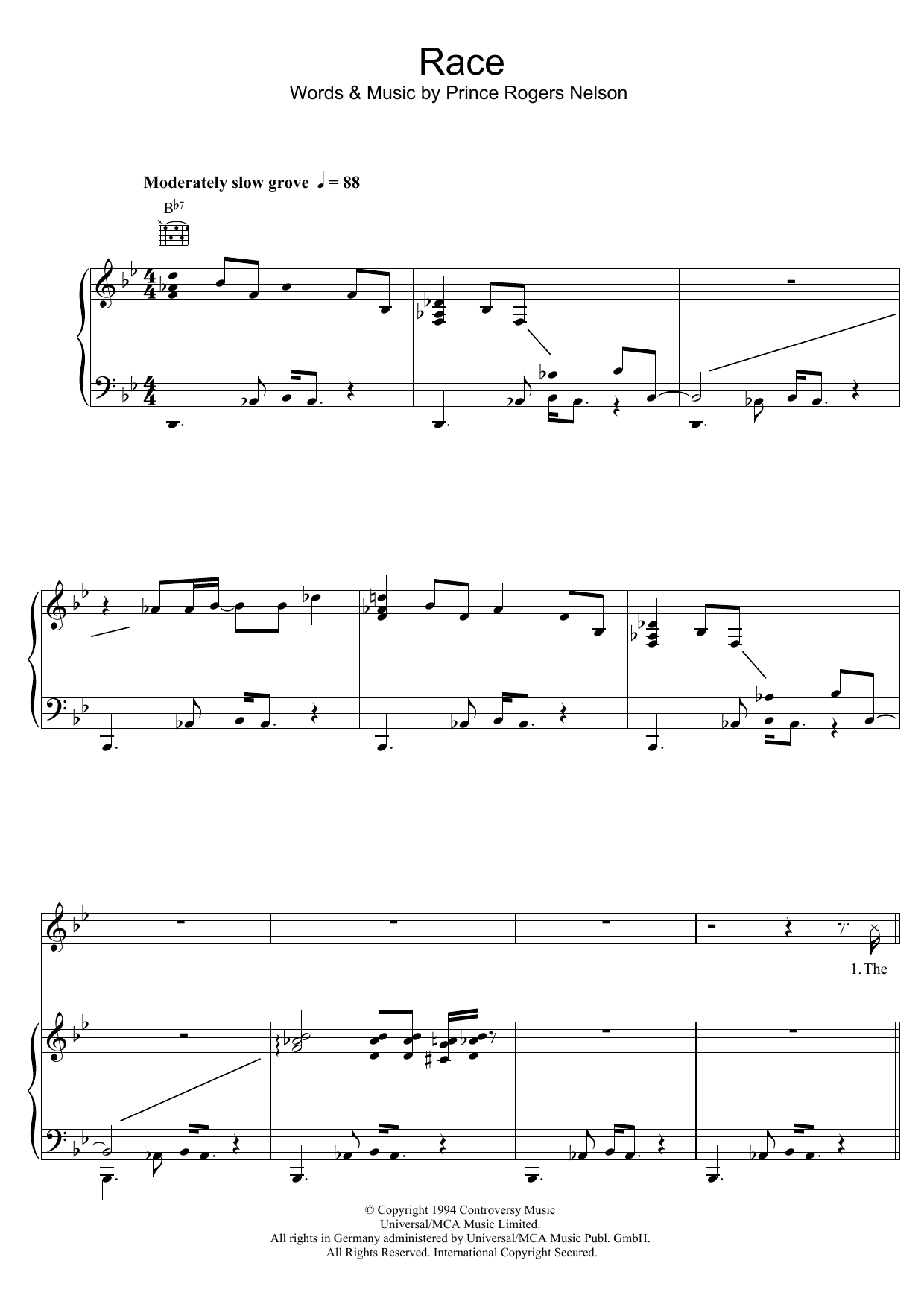 Prince Race Sheet Music Notes & Chords for Piano, Vocal & Guitar (Right-Hand Melody) - Download or Print PDF