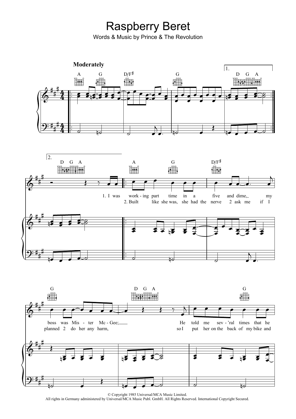 Prince Raspberry Beret Sheet Music Notes & Chords for Piano, Vocal & Guitar - Download or Print PDF