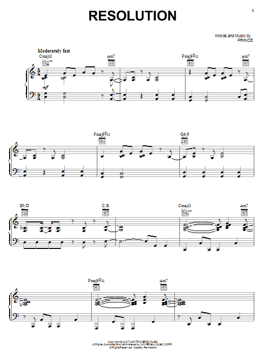 Prince Resolution Sheet Music Notes & Chords for Piano, Vocal & Guitar (Right-Hand Melody) - Download or Print PDF