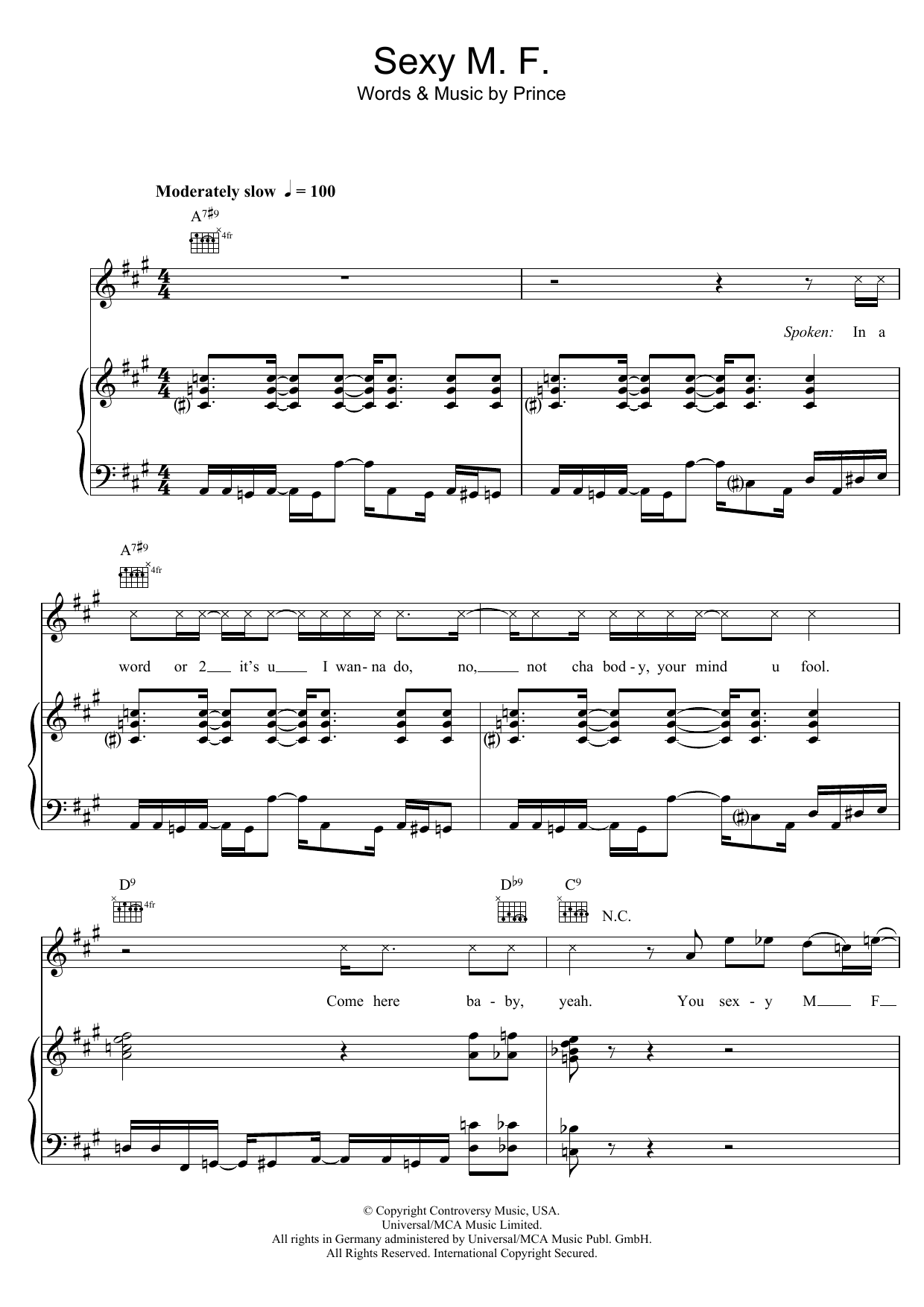Prince Sexy M.F. Sheet Music Notes & Chords for Piano, Vocal & Guitar - Download or Print PDF