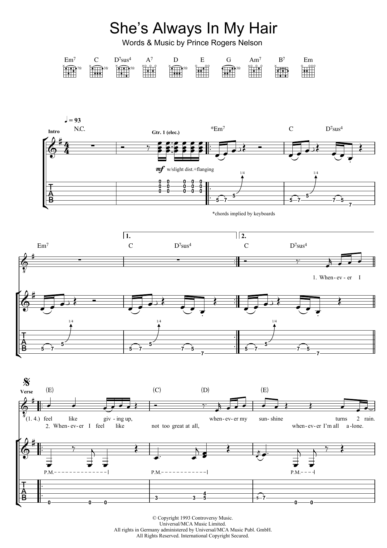 Prince She's Always In My Hair Sheet Music Notes & Chords for Piano, Vocal & Guitar (Right-Hand Melody) - Download or Print PDF