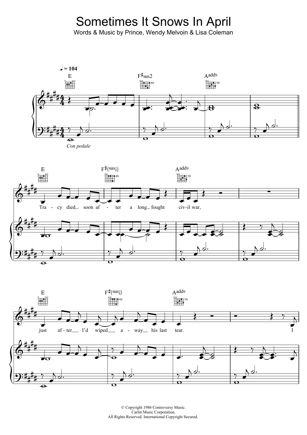 Prince Sometimes It Snows In April Sheet Music Notes & Chords for Piano, Vocal & Guitar (Right-Hand Melody) - Download or Print PDF