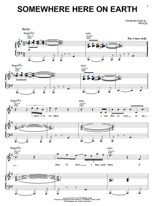 Prince Somewhere Here On Earth Sheet Music Notes & Chords for Piano, Vocal & Guitar (Right-Hand Melody) - Download or Print PDF