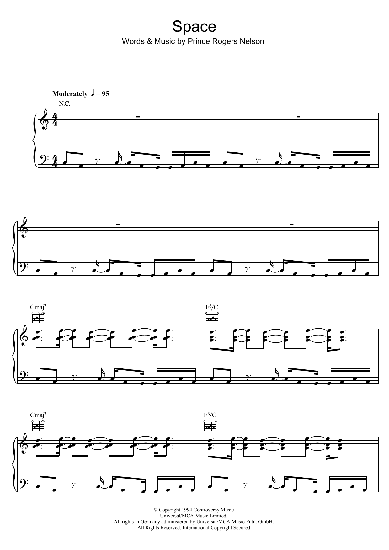 Prince Space Sheet Music Notes & Chords for Piano, Vocal & Guitar (Right-Hand Melody) - Download or Print PDF