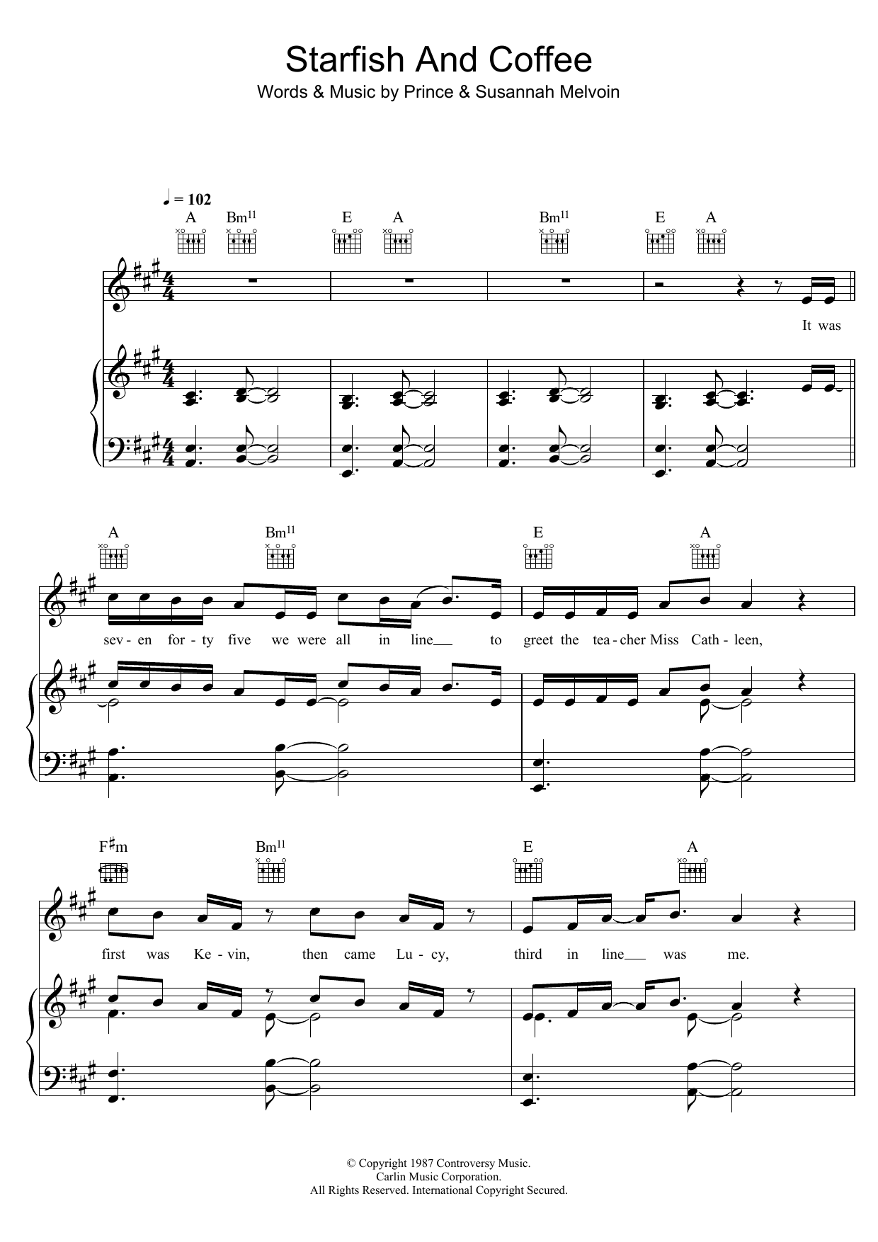 Prince Starfish And Coffee Sheet Music Notes & Chords for Piano, Vocal & Guitar (Right-Hand Melody) - Download or Print PDF