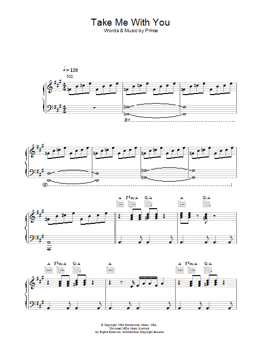 Prince Take Me With U Sheet Music Notes & Chords for Piano, Vocal & Guitar (Right-Hand Melody) - Download or Print PDF