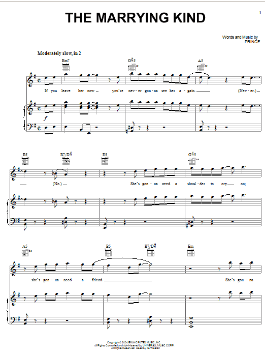 Prince The Marrying Kind Sheet Music Notes & Chords for Piano, Vocal & Guitar (Right-Hand Melody) - Download or Print PDF