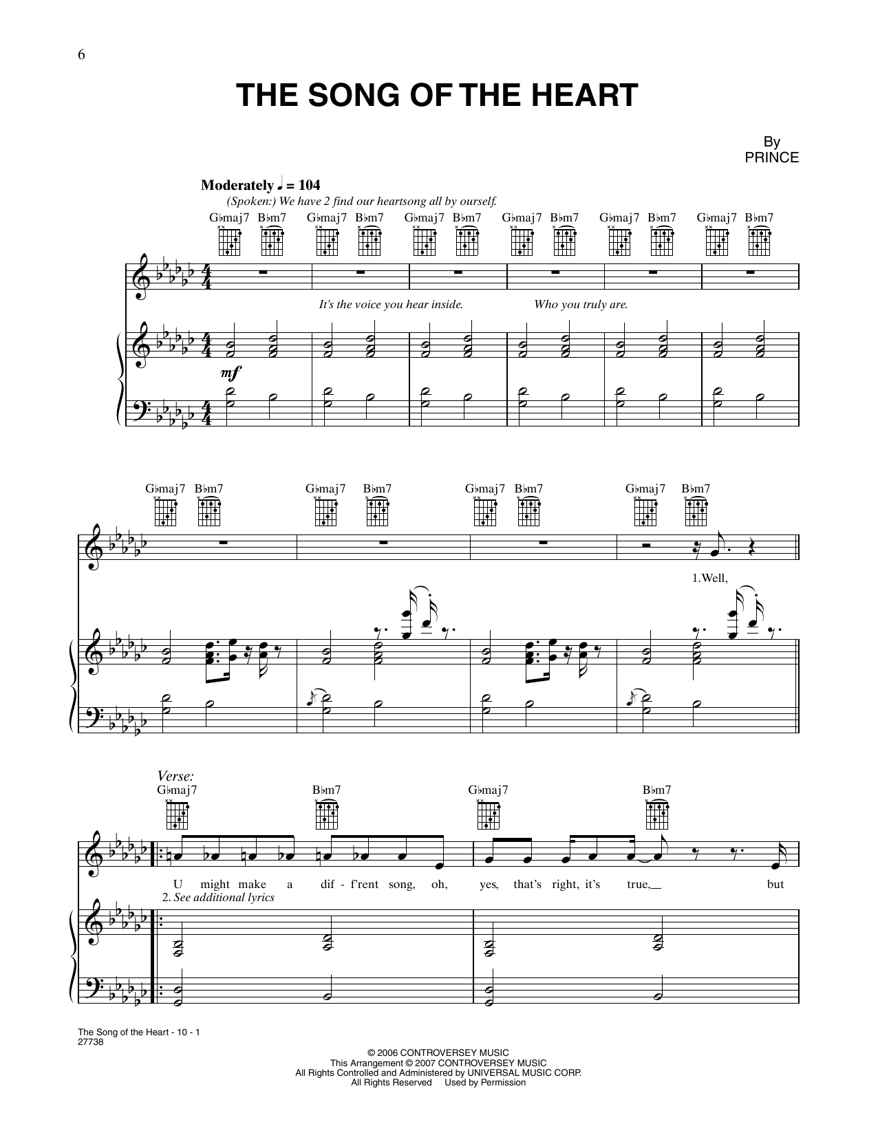 Prince Song Of The Heart (from Happy Feet) Sheet Music Notes & Chords for Piano, Vocal & Guitar Chords (Right-Hand Melody) - Download or Print PDF