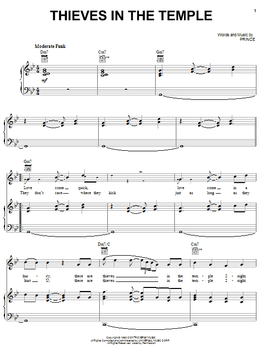 Prince Thieves In The Temple Sheet Music Notes & Chords for Easy Guitar Tab - Download or Print PDF