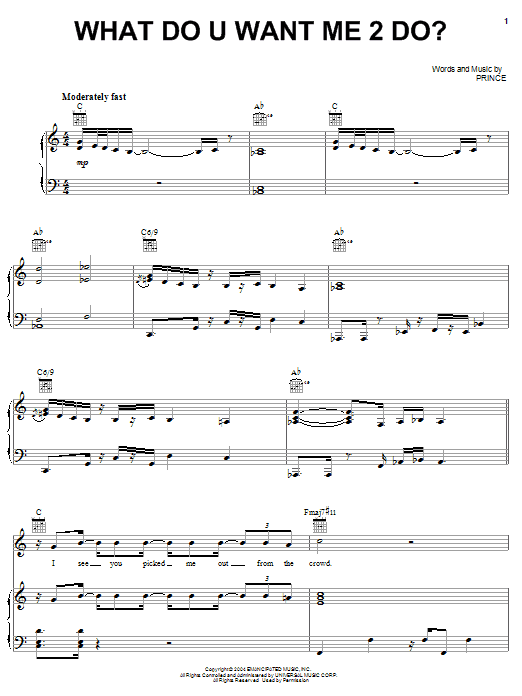 Prince What Do U Want Me 2 Do? Sheet Music Notes & Chords for Piano, Vocal & Guitar (Right-Hand Melody) - Download or Print PDF