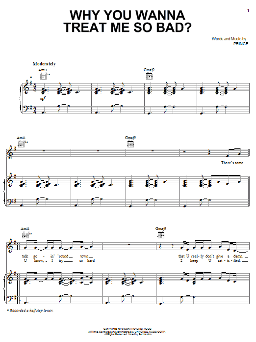 Prince Why You Wanna Treat Me So Bad Sheet Music Notes & Chords for Piano, Vocal & Guitar (Right-Hand Melody) - Download or Print PDF