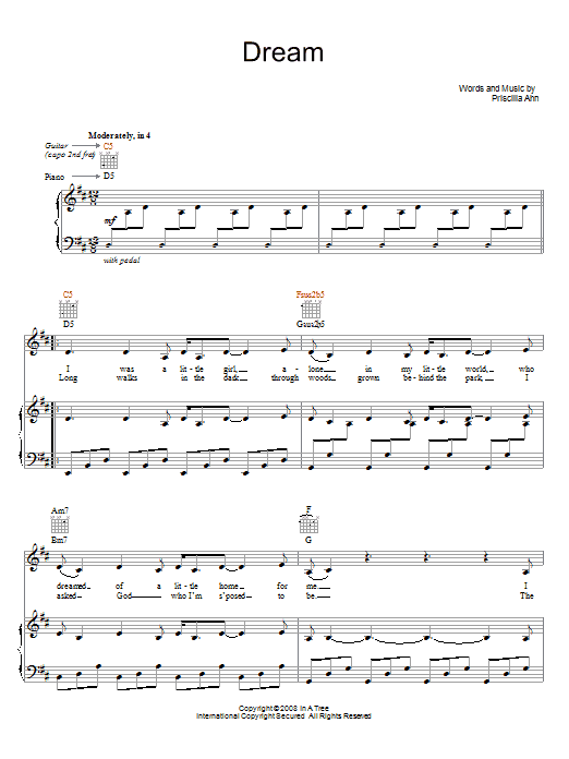 Priscilla Ahn Dream Sheet Music Notes & Chords for Piano, Vocal & Guitar (Right-Hand Melody) - Download or Print PDF