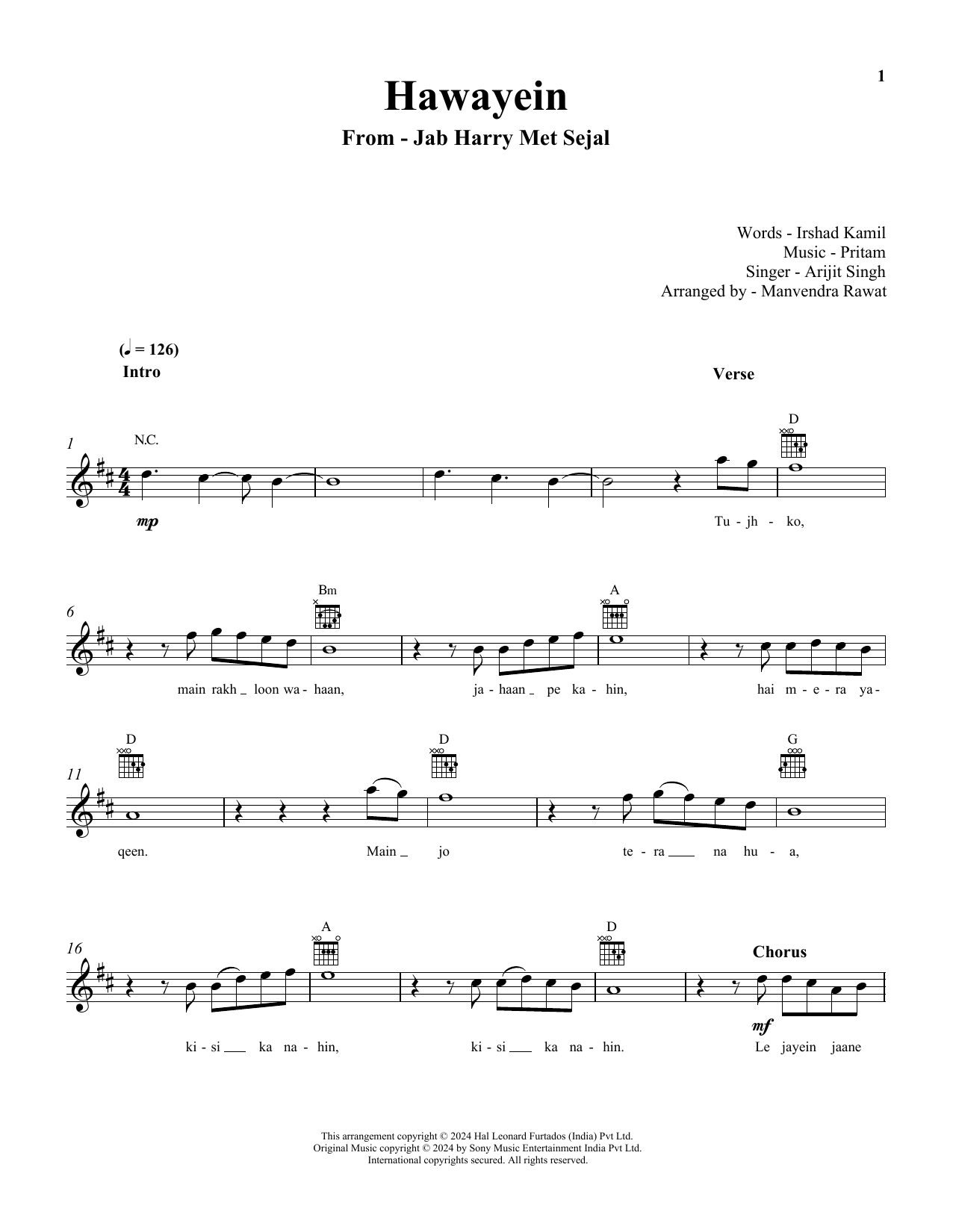 Pritam and Arijit Singh Hawayein (from Jab Harry Met Sejal) Sheet Music Notes & Chords for Lead Sheet / Fake Book - Download or Print PDF