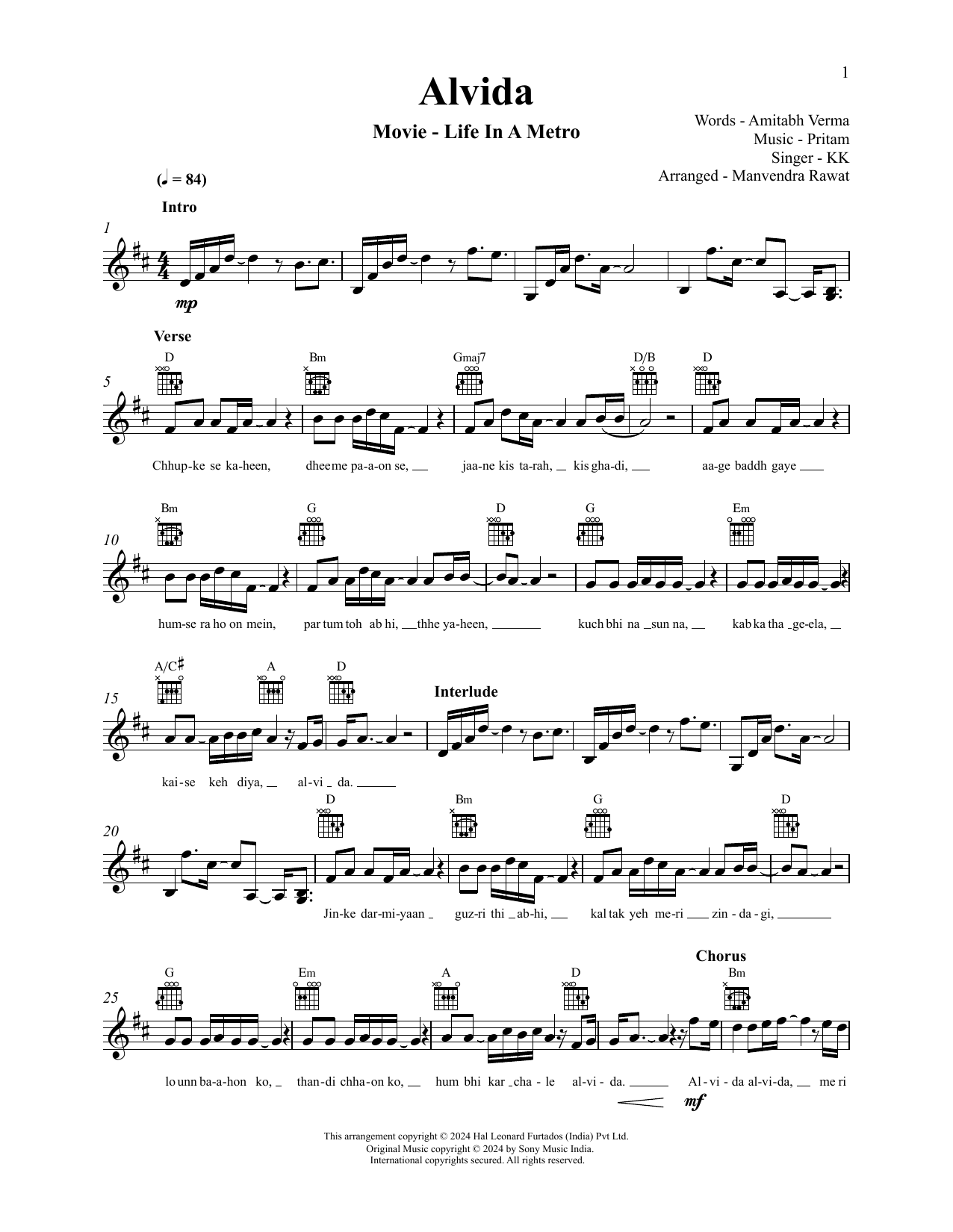 Pritam and KK Alvida (from Life In A Metro) Sheet Music Notes & Chords for Lead Sheet / Fake Book - Download or Print PDF