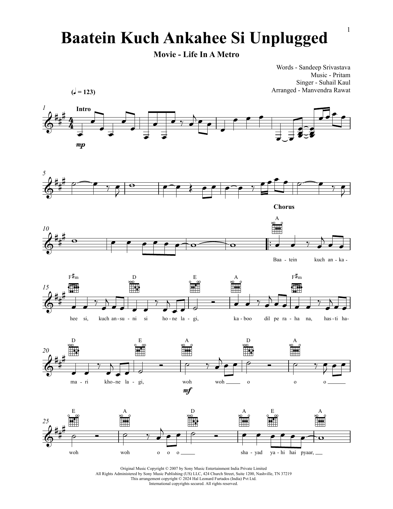 Pritam Chakraborty Baatein Kuch Ankahee Si (Unplugged) (from Life In A Metro) Sheet Music Notes & Chords for Lead Sheet / Fake Book - Download or Print PDF