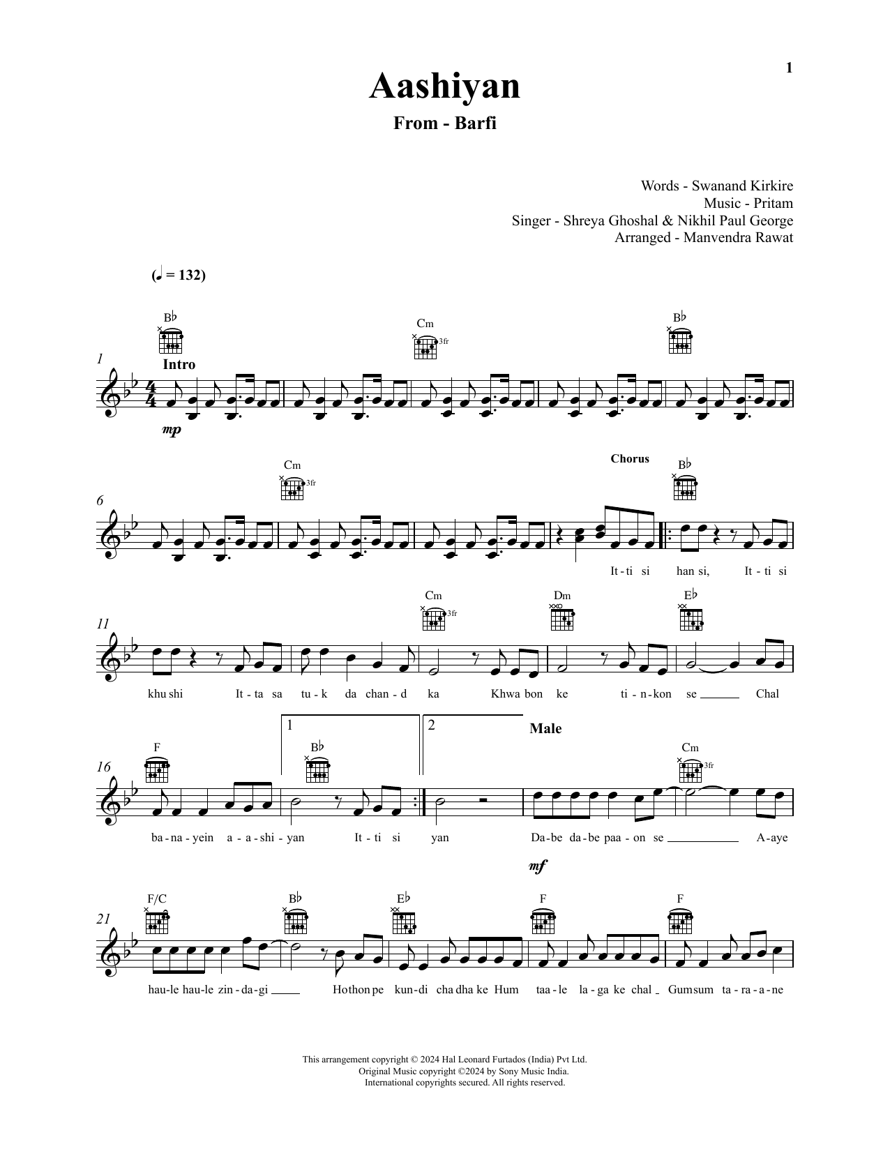 Pritam, Shreya Ghoshal and Nikhil Paul George Aashiyaan (from Barfi) Sheet Music Notes & Chords for Lead Sheet / Fake Book - Download or Print PDF Pritam, Shreya Ghoshal and Nikhil Paul George Aashiyaan (from Barfi) Sheet Music Notes & Chords for Lead Sheet / Fake Book - Download or Print PDF