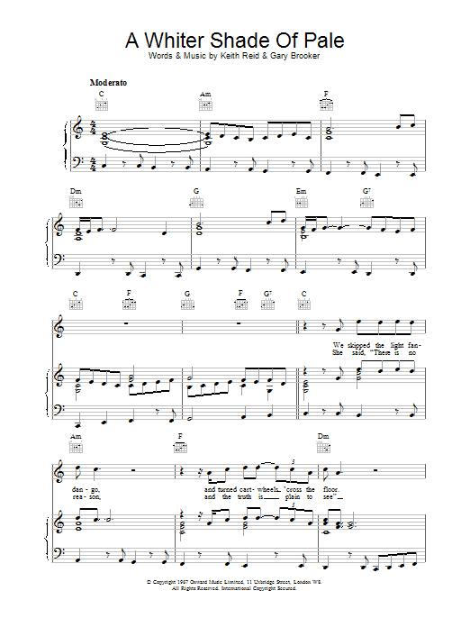 Procol Harum A Whiter Shade Of Pale Sheet Music Notes & Chords for Lyrics & Chords - Download or Print PDF
