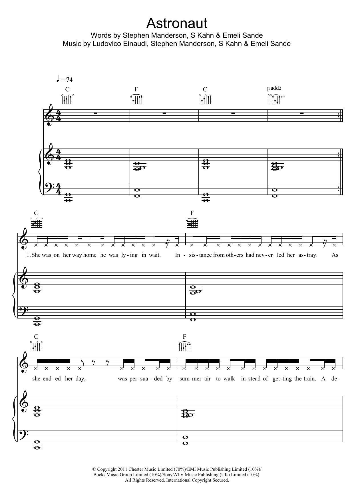 Professor Green Astronaut (featuring Emeli Sande) Sheet Music Notes & Chords for Piano, Vocal & Guitar (Right-Hand Melody) - Download or Print PDF