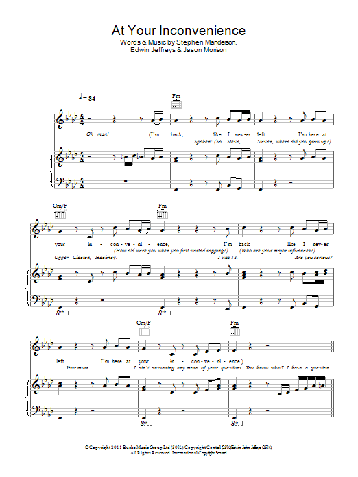 Professor Green At Your Inconvenience Sheet Music Notes & Chords for Piano, Vocal & Guitar (Right-Hand Melody) - Download or Print PDF