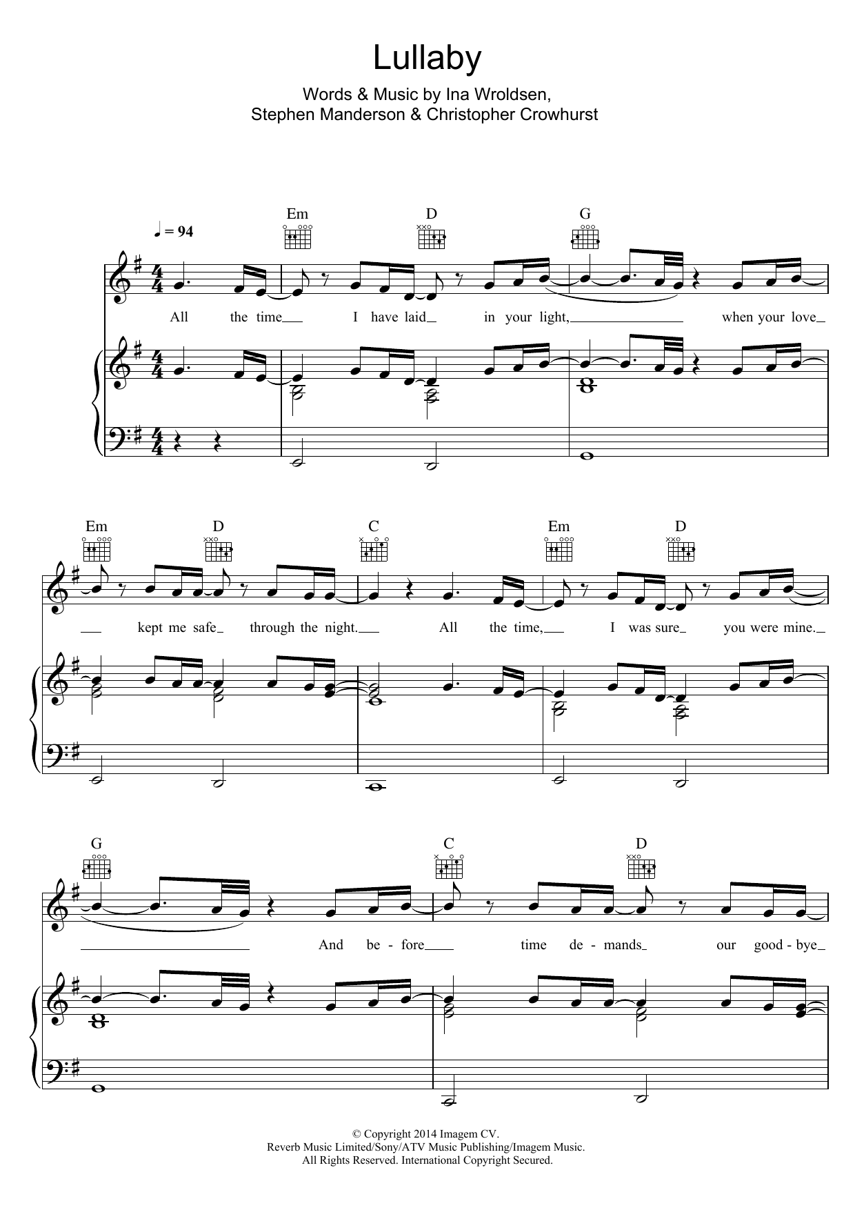 Professor Green Lullaby (feat. Tori Kelly) Sheet Music Notes & Chords for Piano, Vocal & Guitar (Right-Hand Melody) - Download or Print PDF