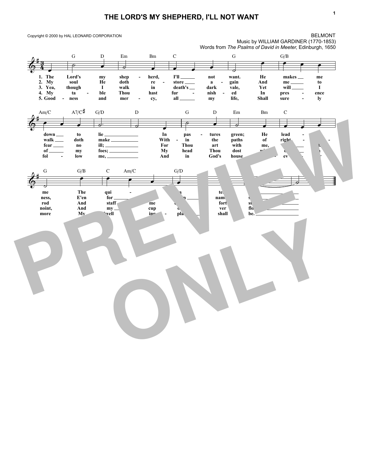 Scottish Psalter The Lord's My Shepherd, I'll Not Want Sheet Music Notes & Chords for Melody Line, Lyrics & Chords - Download or Print PDF
