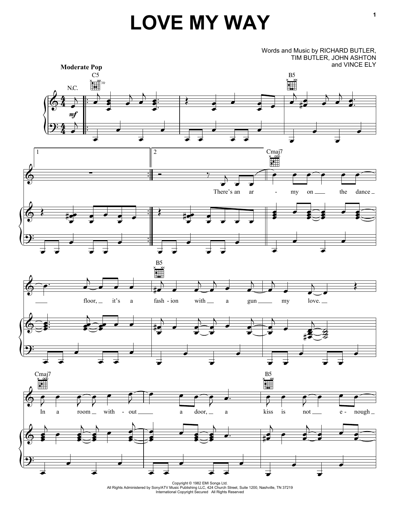 Psychedelic Furs Love My Way Sheet Music Notes & Chords for Piano, Vocal & Guitar Chords (Right-Hand Melody) - Download or Print PDF