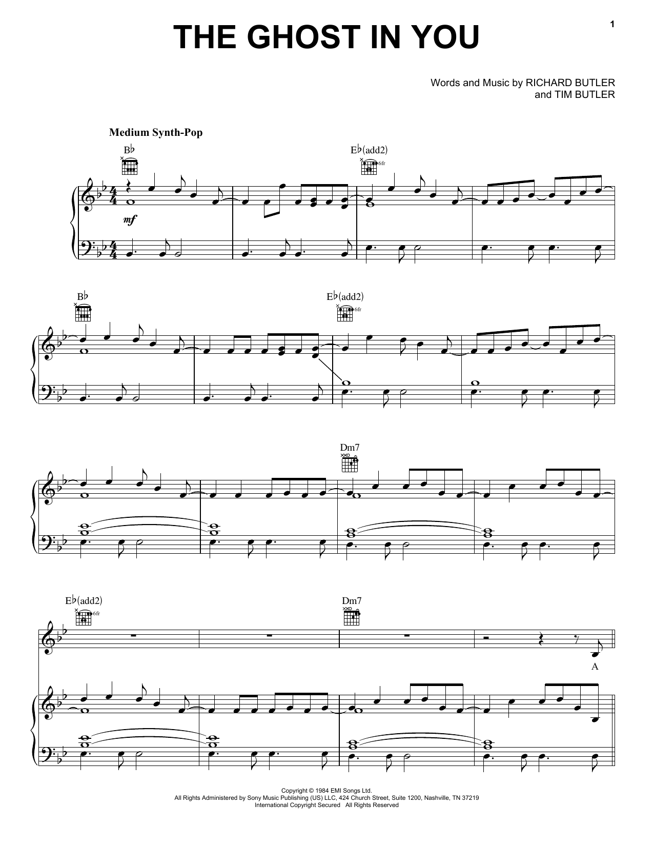 Psychedelic Furs The Ghost In You Sheet Music Notes & Chords for Piano, Vocal & Guitar Chords (Right-Hand Melody) - Download or Print PDF