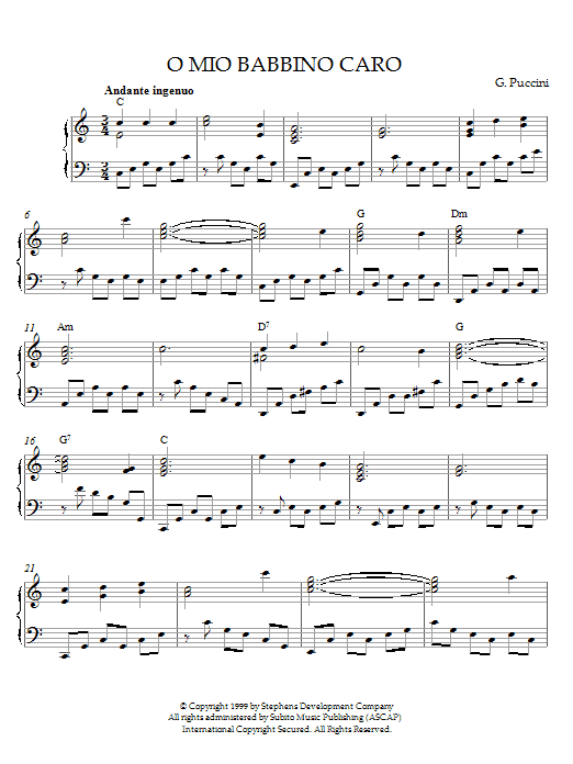 Puccini O Mio Babbino Caro Sheet Music Notes & Chords for Piano - Download or Print PDF