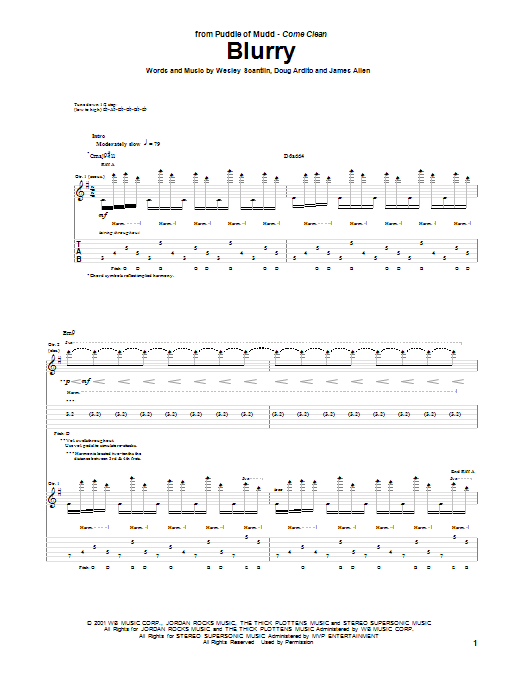 Puddle Of Mudd Blurry Sheet Music Notes & Chords for Guitar Tab - Download or Print PDF