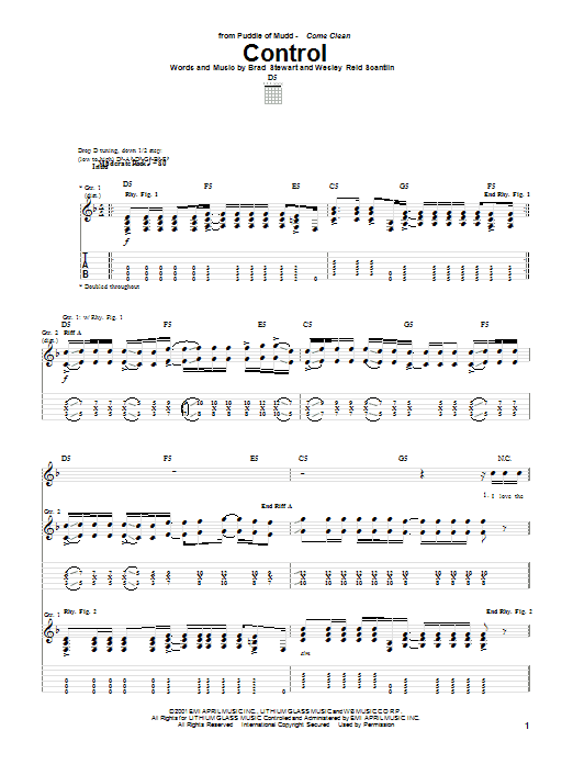Puddle Of Mudd Control Sheet Music Notes & Chords for Guitar Tab Play-Along - Download or Print PDF