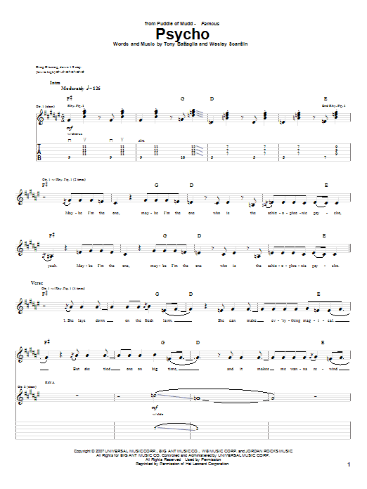 Puddle Of Mudd Psycho Sheet Music Notes & Chords for Guitar Tab - Download or Print PDF