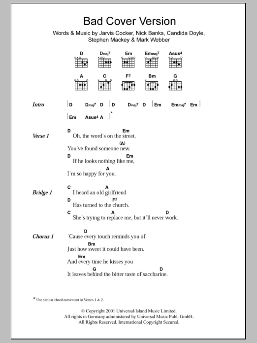 Pulp Bad Cover Version Sheet Music Notes & Chords for Lyrics & Chords - Download or Print PDF